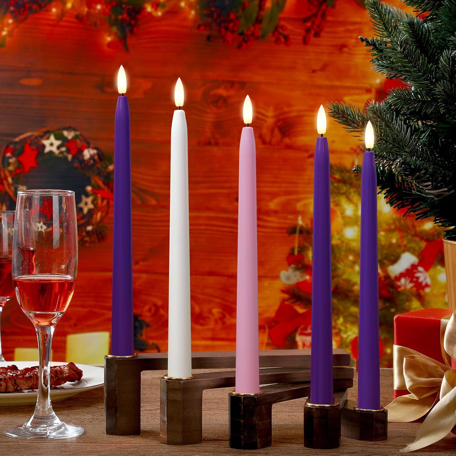 Flameless Advent Candles, Set Of 5 - Flickering Led Flame, 11 Inch Taper Candlesticks, Remote Controlled - 3 Purple, 1 Pink, 1 White For Christmas Wreath