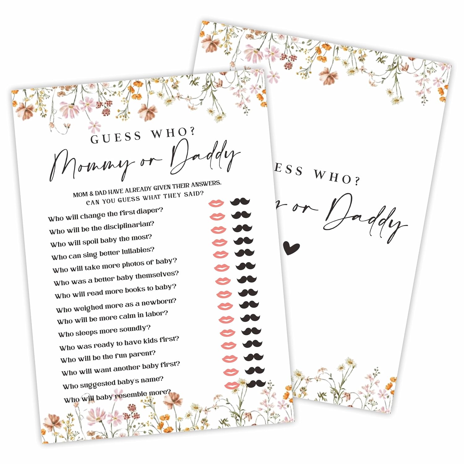 Baby Shower Game Cards, 30 Floral Theme Double-Sided Game Cards For Baby Announcement, Guess Who Mommy Or Daddy Game Cards, Spring Flower, Gender Reveal Party Favor, Activity - C06