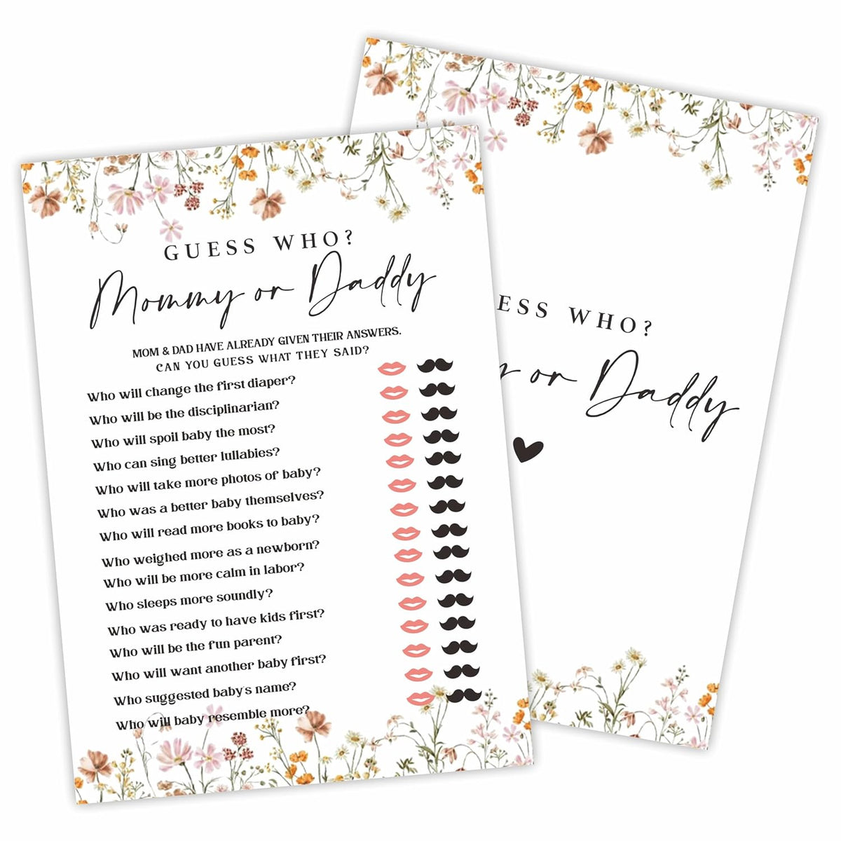 Baby Shower Game Cards, 30 Floral Theme Double-Sided Game Cards For Baby Announcement, Guess Who Mommy Or Daddy Game Cards, Spring Flower, Gender Reveal Party Favor, Activity - C06