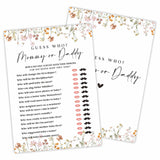 Baby Shower Game Cards, 30 Floral Theme Double-Sided Game Cards For Baby Announcement, Guess Who Mommy Or Daddy Game Cards, Spring Flower, Gender Reveal Party Favor, Activity - C06