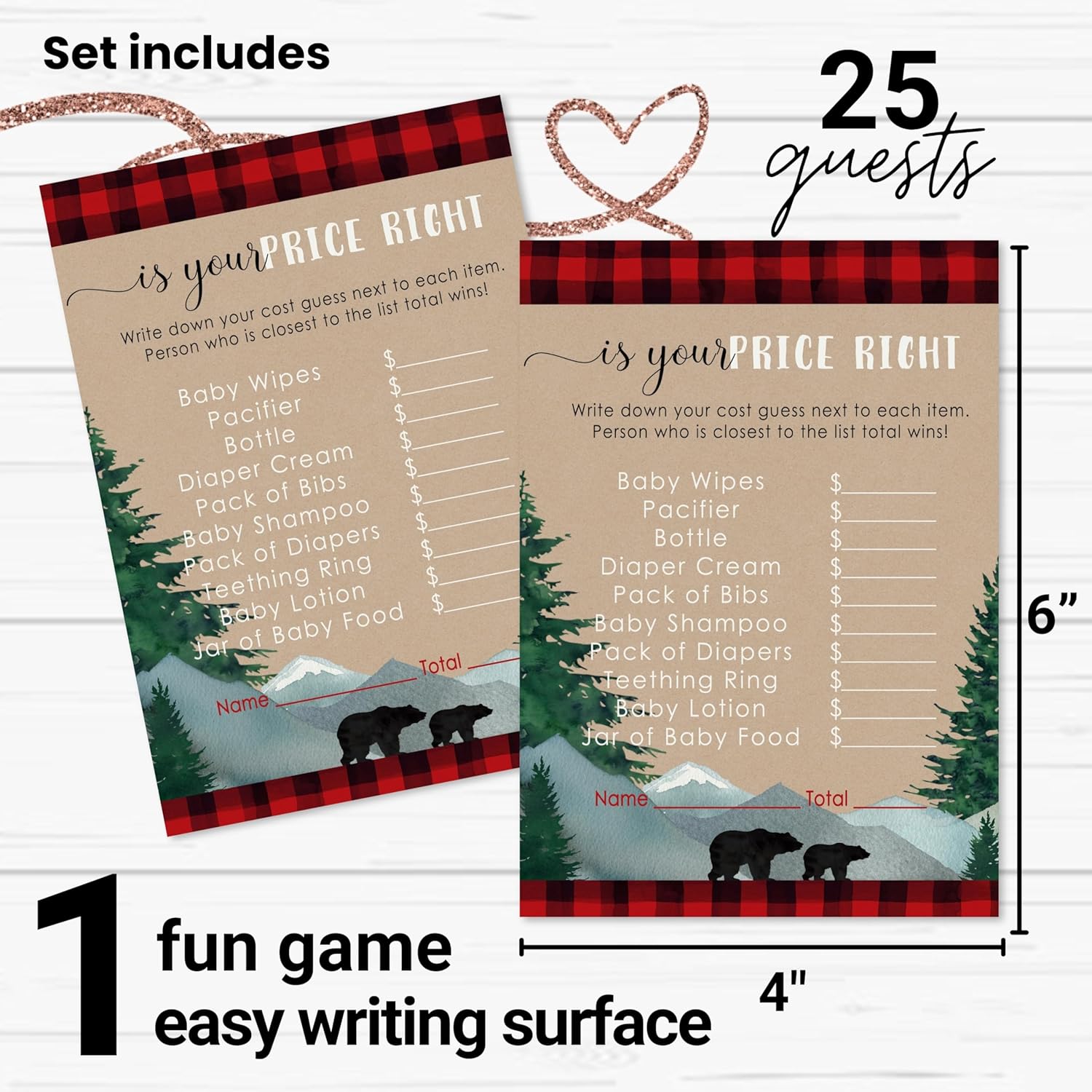 Mama Bear Baby Shower Games For Boys - Guess The Price Is Right - 25 Cards - Fun Activities For Guests With Prizes - Lumberjack Theme In Red And Black