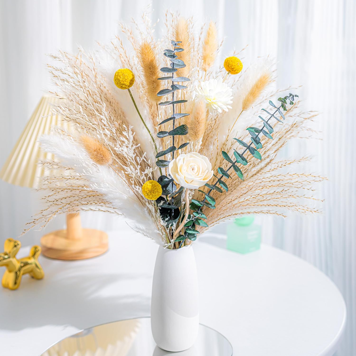 Dried Flowers Kit Reed Diffuser For Home Decor (White Ceramic Vase Included) Boho Decor , Eucalyptus Pampas Grass Bunny Tail Arrangements,Table Room Decor Wedding Party Birthday