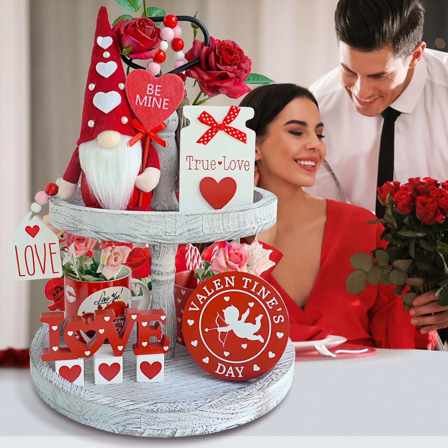 8Pcs Valentines Day Tiered Tray Decor Set - Valentines Gnomes Plush, Wood Love Signs, Wooden Beads Garland - Farmhouse Valentines Day Decorations For Home Table
