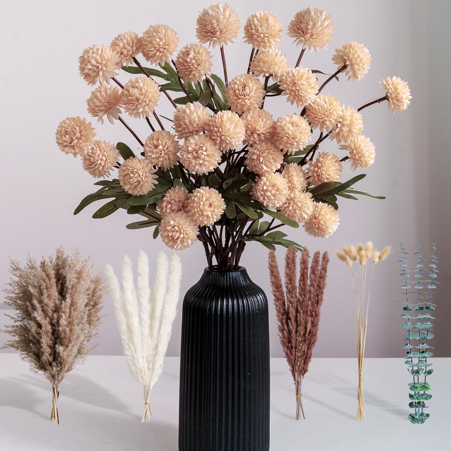 Simulation Flower Decor Luxury Faux Flower Arrangements – Realistic Artificial Flowers With Beige & White Peonies, Dried Pampas Grass, Bunny Tails & Eucalyptus