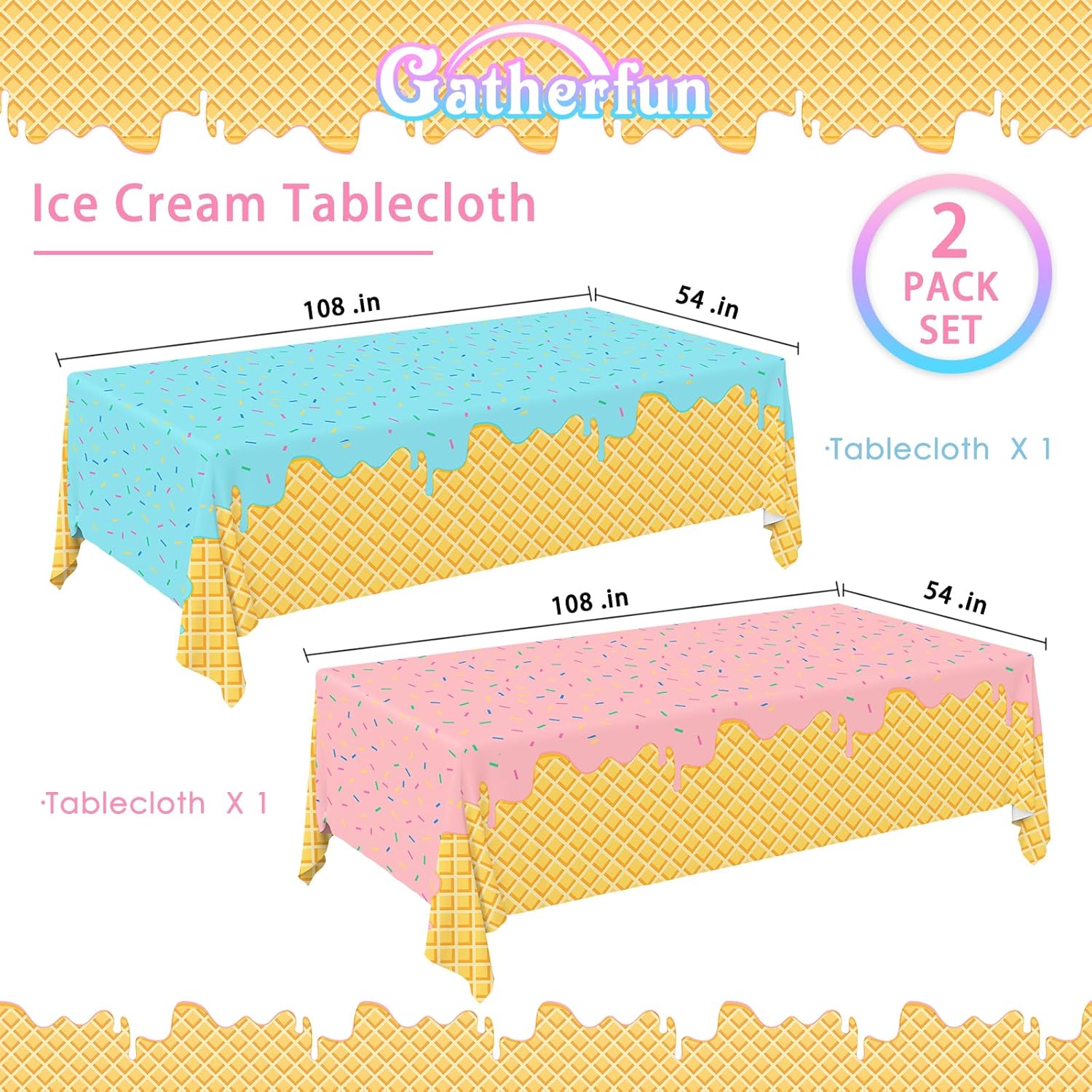 Ice Cream Party Supplies: 2-Pack Ice Cream Birthday Party Decorations,Disposable Plastic Tablecloth, Ideal Table Cover For Kids & Girls Birthday, Baby Shower & Themed Parties, 54 X 108 Inch