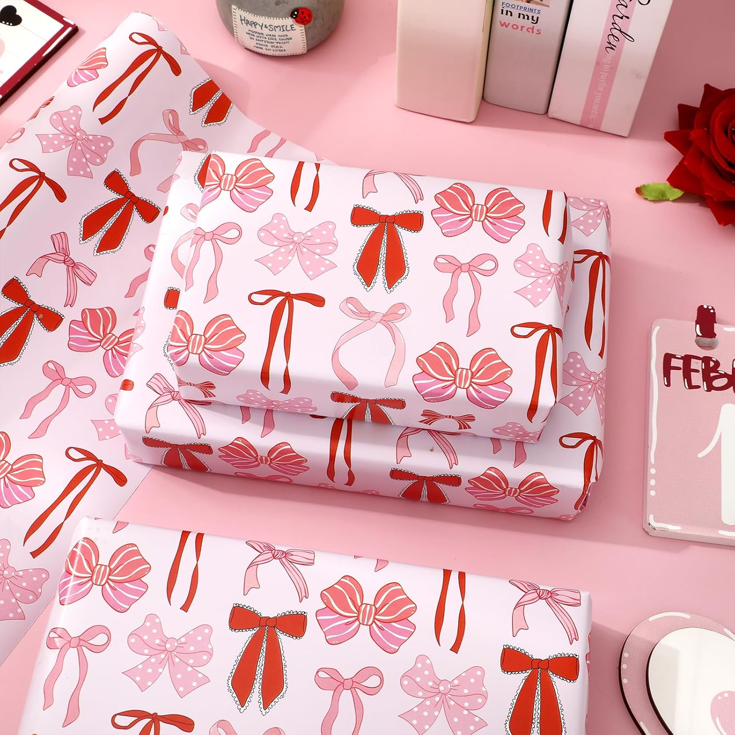 Valentine'S Day Wrapping Paper -Mini Roll- 17 In X 32.8 Ft Pink Red Bow Gift Wrap Paper For Birthday Wedding Bride Shower Party Wrapping Supplies