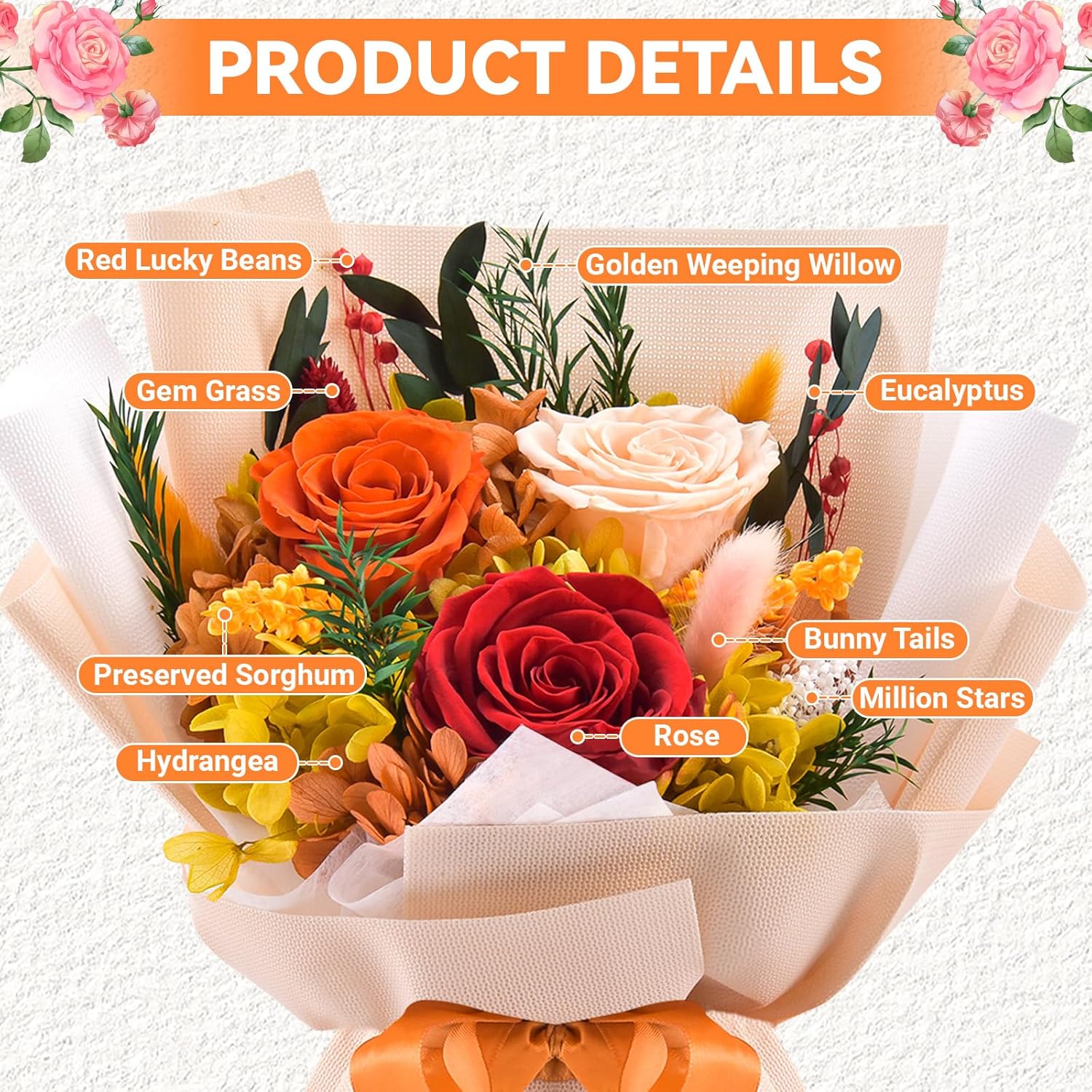 Preserved Flowers Bouquet, Flowers For Delivery,Handmade Orange Rose Bouquets Lasting 3-5 Years, Luxury Gift Box,Birthday Flowers Gifts For Women Mom Grandma Wife Friends