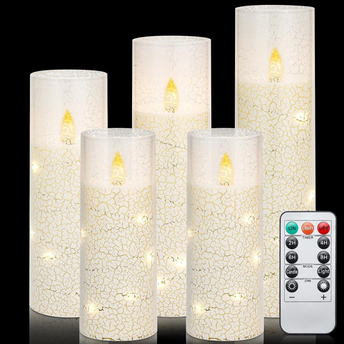 Flameless Led Pillar Candles With Remote Control And Timer, Battery Operated Flickering Electric Candles Set Of 5, Crackle Design For Home Decor Wedding Party(D2.2'' X H5''/5''/6''/7''/8'')