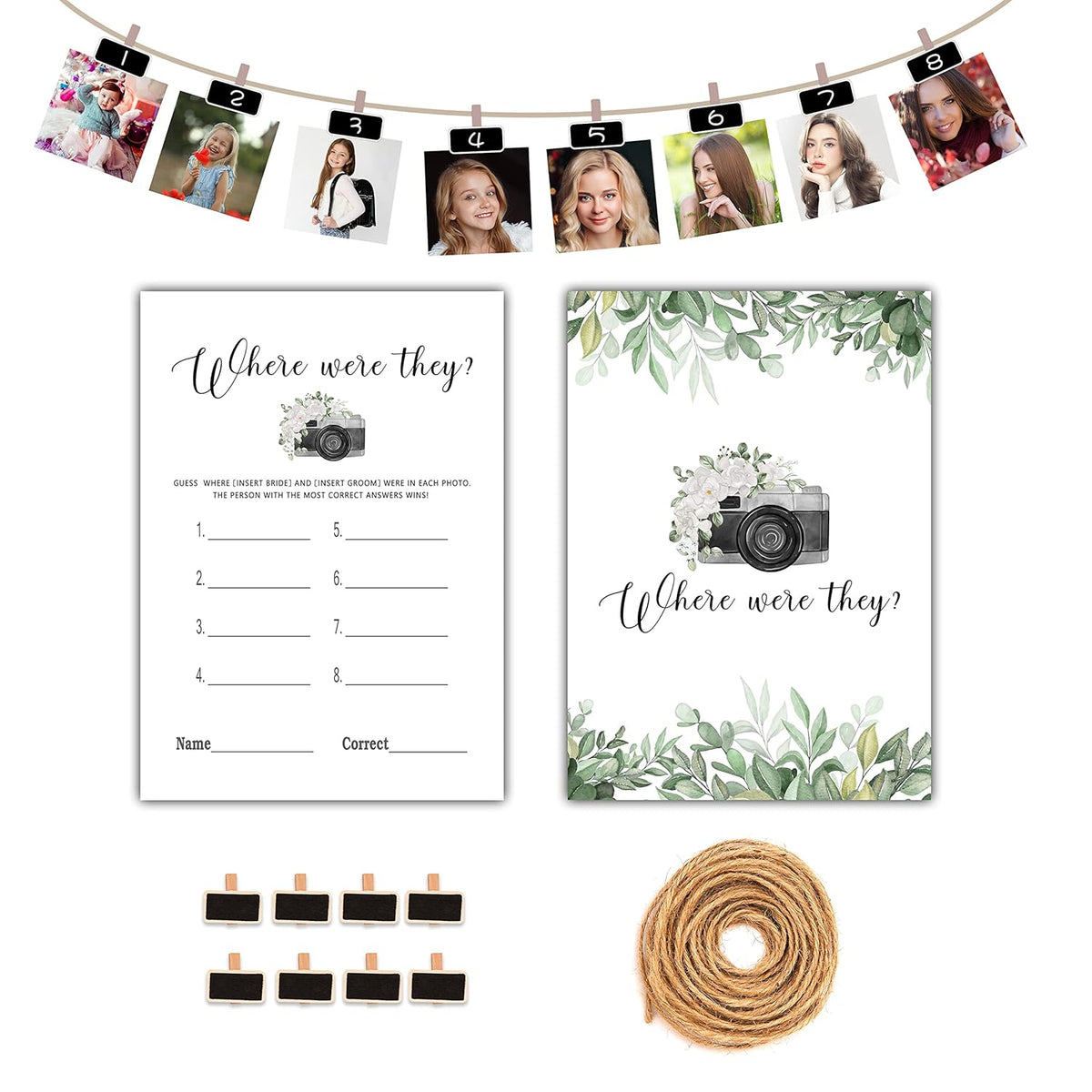 Bridal Shower Games - Where Were They Wedding Shower Party Card Game - Couples Photo Game - Greenery Eucalyptus Themed Bachelorette/Engagement Party Supplies Activities Decorations (A01)