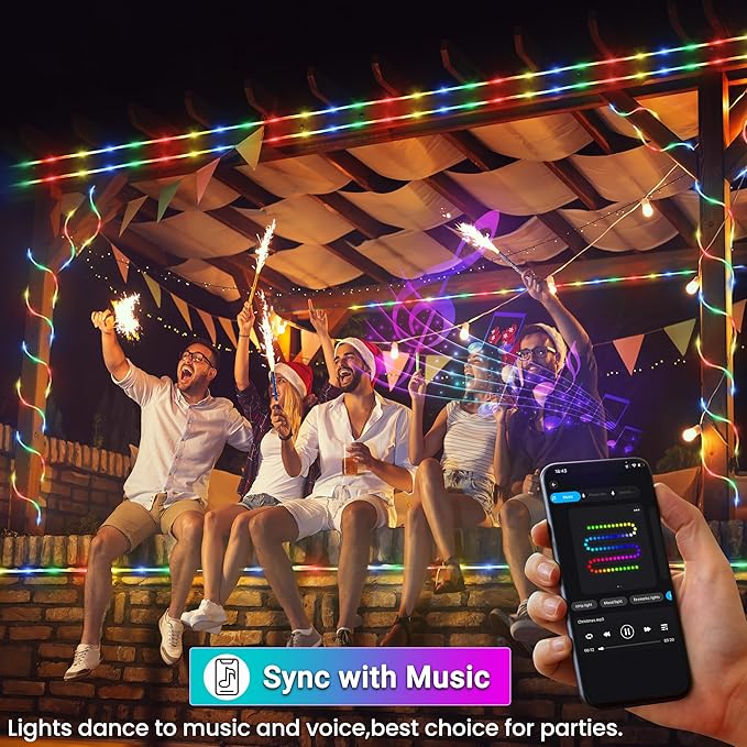 33FT RGB Color Changing Rope Lights 100 LED Smart Waterproof String Lights with Remote App and Music Sync