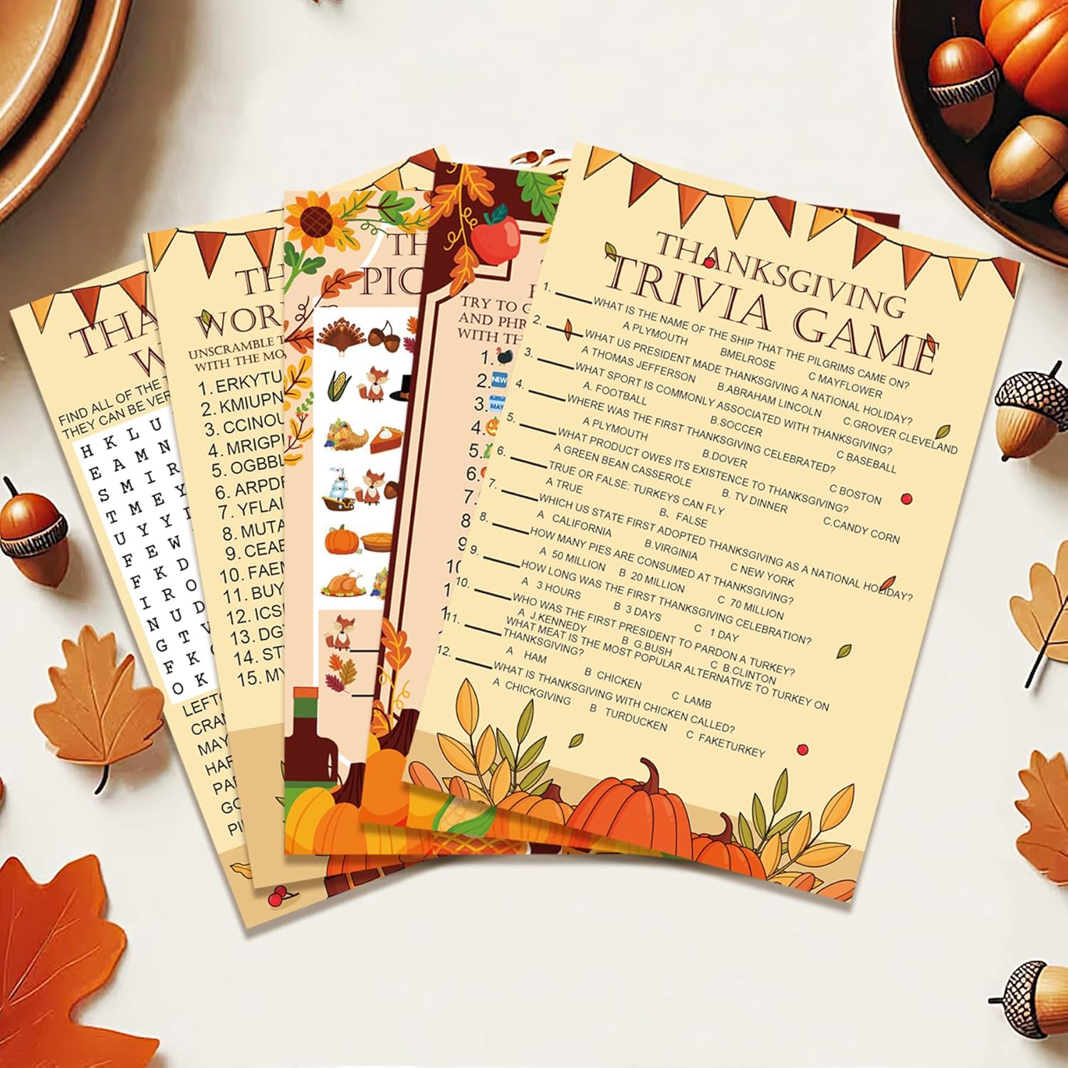 129 Pcs Thanksgiving Games Set Thanksgiving Party Game Cards For Adults Thanksgiving Word Search Scramble Trivia Game For Family Fall Thanksgiving Harvest Activities Party Game Supplies
