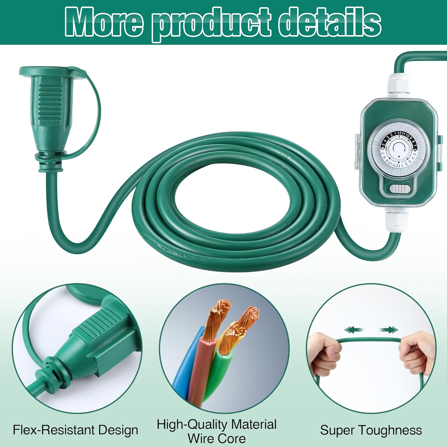 20 Ft Outdoor Extension Cord With Timer, Halloween Christmas Green Extension Cord, 16Awg Sjtw Cable With Weatherproof Covers For Christmas Lights Holiday Landscaping Decorations