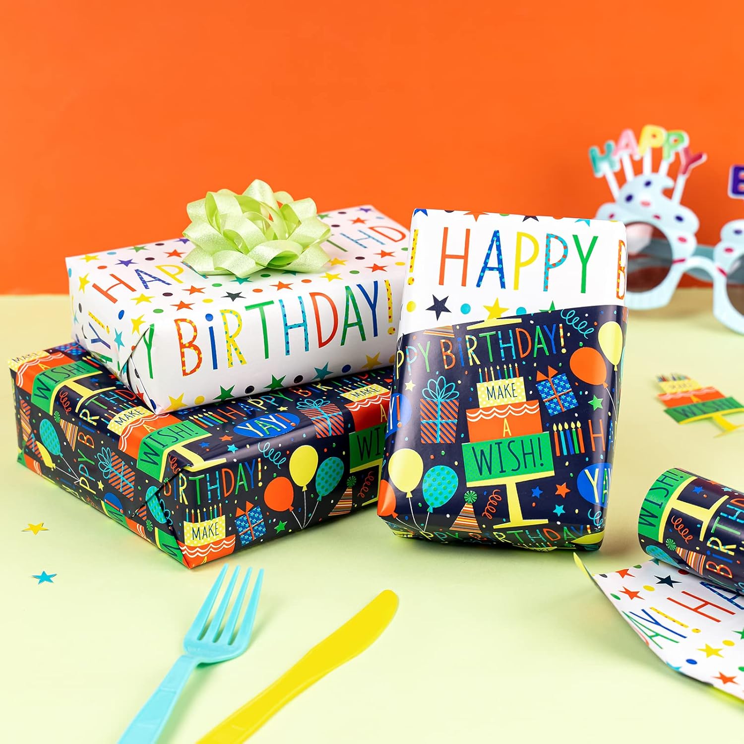 Reversible Birthday Wrapping Paper Mini Roll - 17In X 32.8Feet - Colorful Happy Birthday Lettering,Cake,Candle Pattern Kid Boys Party Gift Wrap Present Paper For Baby Shower, Holiday