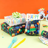 Reversible Birthday Wrapping Paper Mini Roll - 17In X 32.8Feet - Colorful Happy Birthday Lettering,Cake,Candle Pattern Kid Boys Party Gift Wrap Present Paper For Baby Shower, Holiday