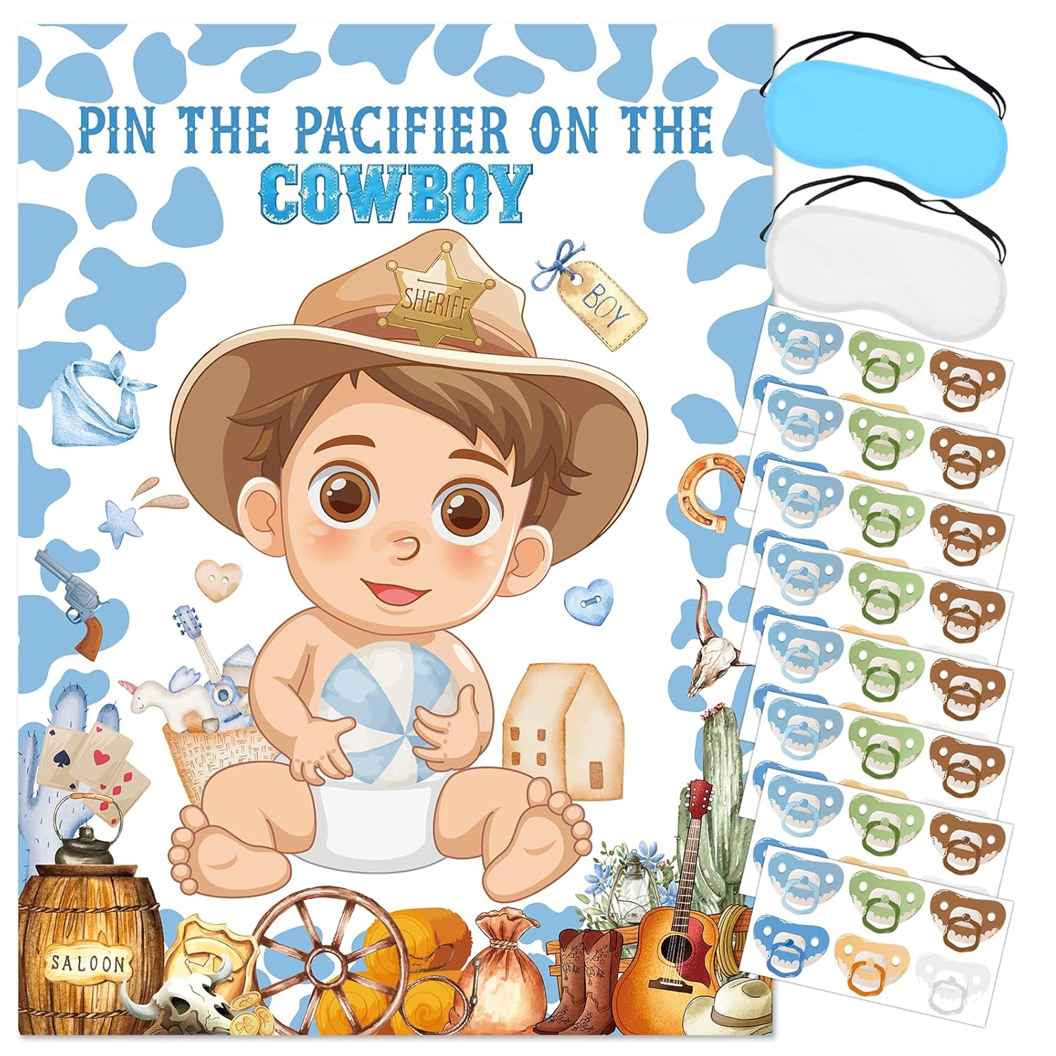 Pin The Pacifier On The Cowboy Party Games Western Party Game First Rodeo Party Decor Large Baby Poster Blindfold 48 Pacifier Stickers For Cowboy Baby Shower Decorations