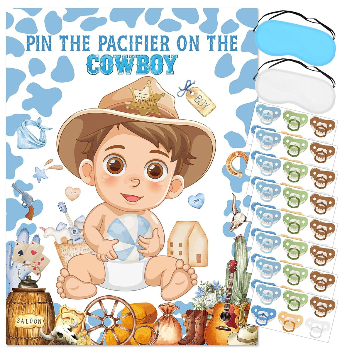 Pin The Pacifier On The Cowboy Party Games Western Party Game First Rodeo Party Decor Large Baby Poster Blindfold 48 Pacifier Stickers For Cowboy Baby Shower Decorations
