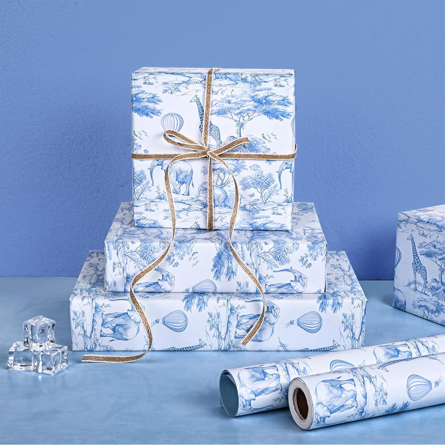 Baby Shower Wrapping Paper Roll For Boys Girls Kids Blue White Jungle Animals Design Gift Wrap Sheets For Holiday Birthday Baby Shower Party Packing Supplies - Total 28.5Sq.Ft