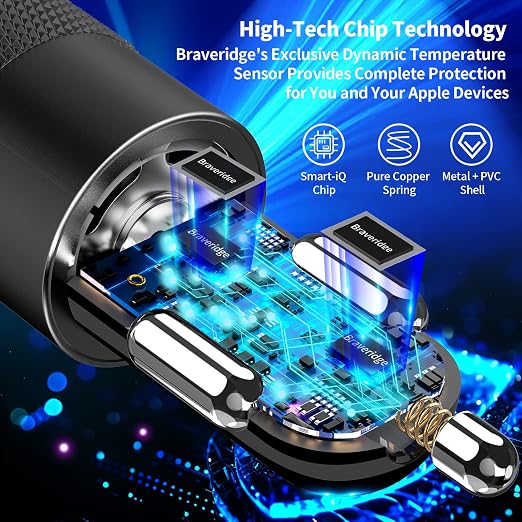 75W USB C PD QC Car Charger with 6FT Coiled Cable Fast Charging Adapter