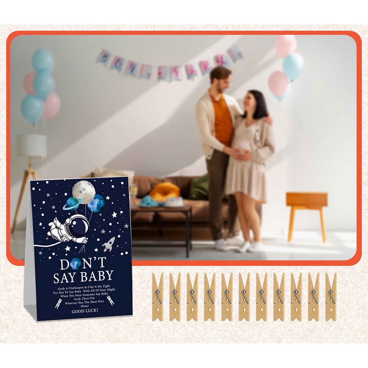 Space Astronaut Baby Shower Games, Don'T Say Baby Game For Baby Shower (One Sign With 50 Mini Clothespins), Boy Blue Planets Moon Theme Baby Shower Decorations, Gender Reveal Game-Dsbb30