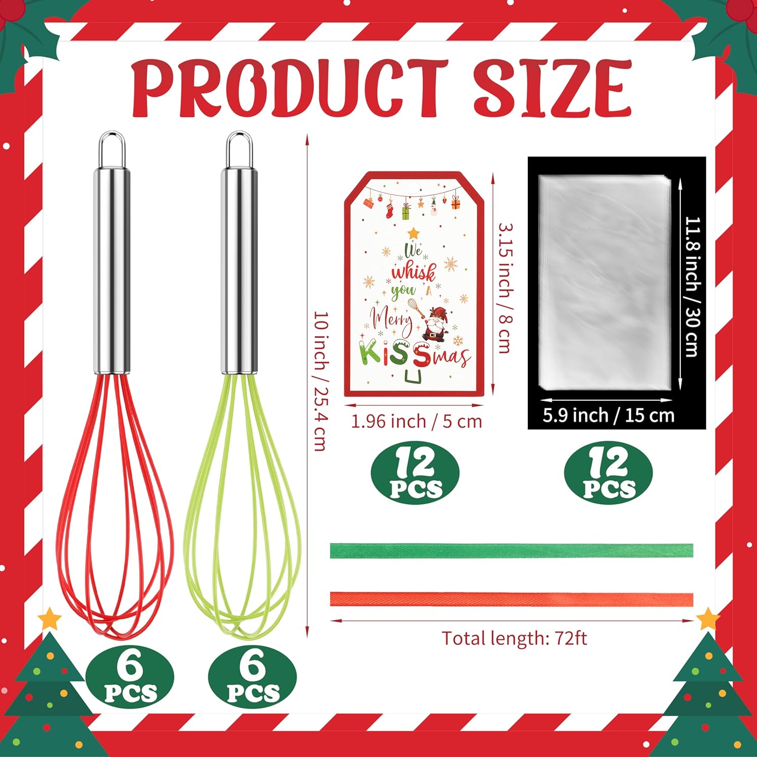 12 Pcs Christmas Whisk Baking Supplies Gifts Set-10'' Red Green Christmas Whisks With Gift Card Ribbon And Bag Holiday Kitchen Baking Supplies Stocking Stuffers Christmas Gifts For Neighbor Family