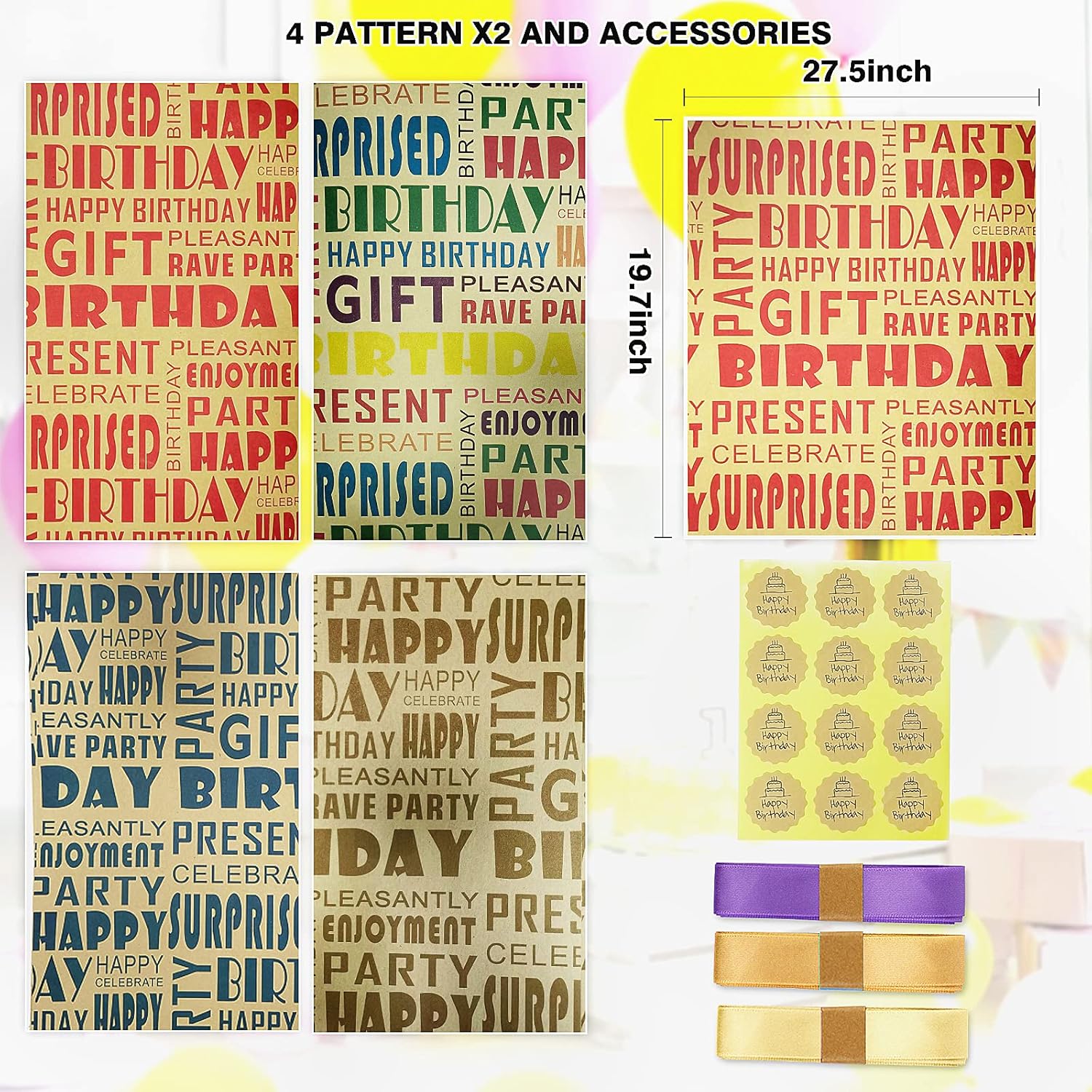 Brown Kraft Birthday Wrapping Paper And Ribbon Bow Set With Stickers For Boys, Girls, Men, Women And Kids - Recycled Gift Wrap (6 Sheets, 27.5"L X 19.6"W Per Sheet)