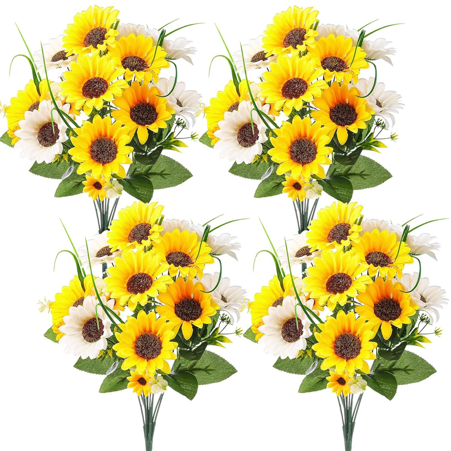 4 Bundles Sunflower Cemetery Flowers For Grave Vase Spring Easter Artificial Sunflower Memorial Flower Bouquet 19.7 Inch Fake Silk Floral Arrangement For Headstone Graveyard Gravesite Outdoor