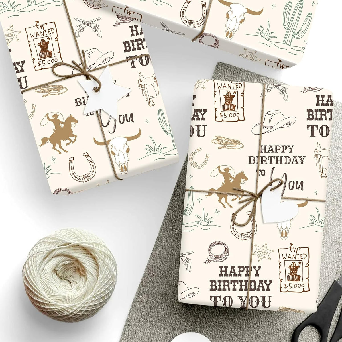 6 Sheets Happy Birthday Wrapping Paper - Not Roll - Western Cowboy Gift Wrap Paper Folded Flat For Wild West Rodeo Birthday Diy Crafts, 19.7 X 27.6 Inch