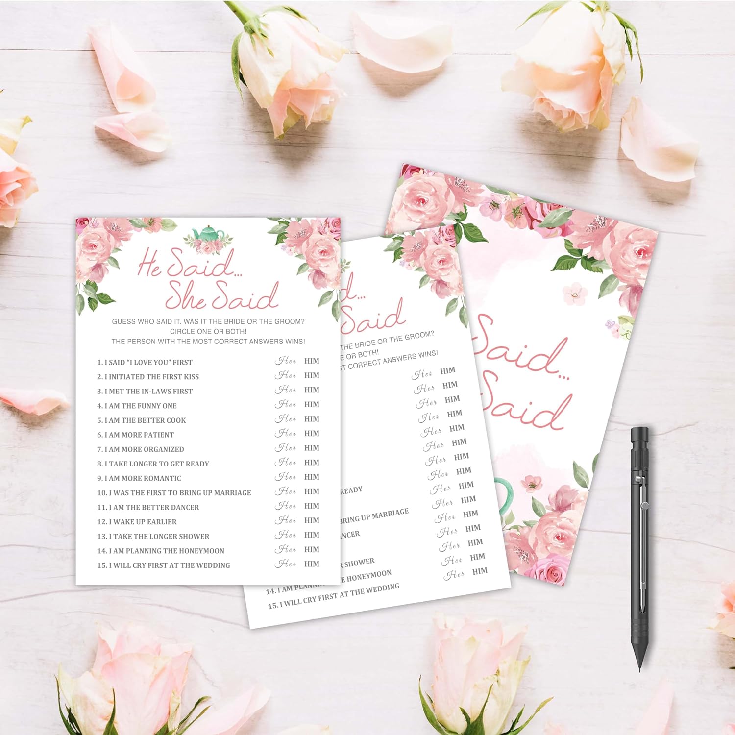 Bridal Shower Games, Blush Pink Floral Wedding Party Games, Bachelorette Party Games, Engagement Party Game Ideas, Tea Party Decor Supplies Favors, (25 Cards) -04