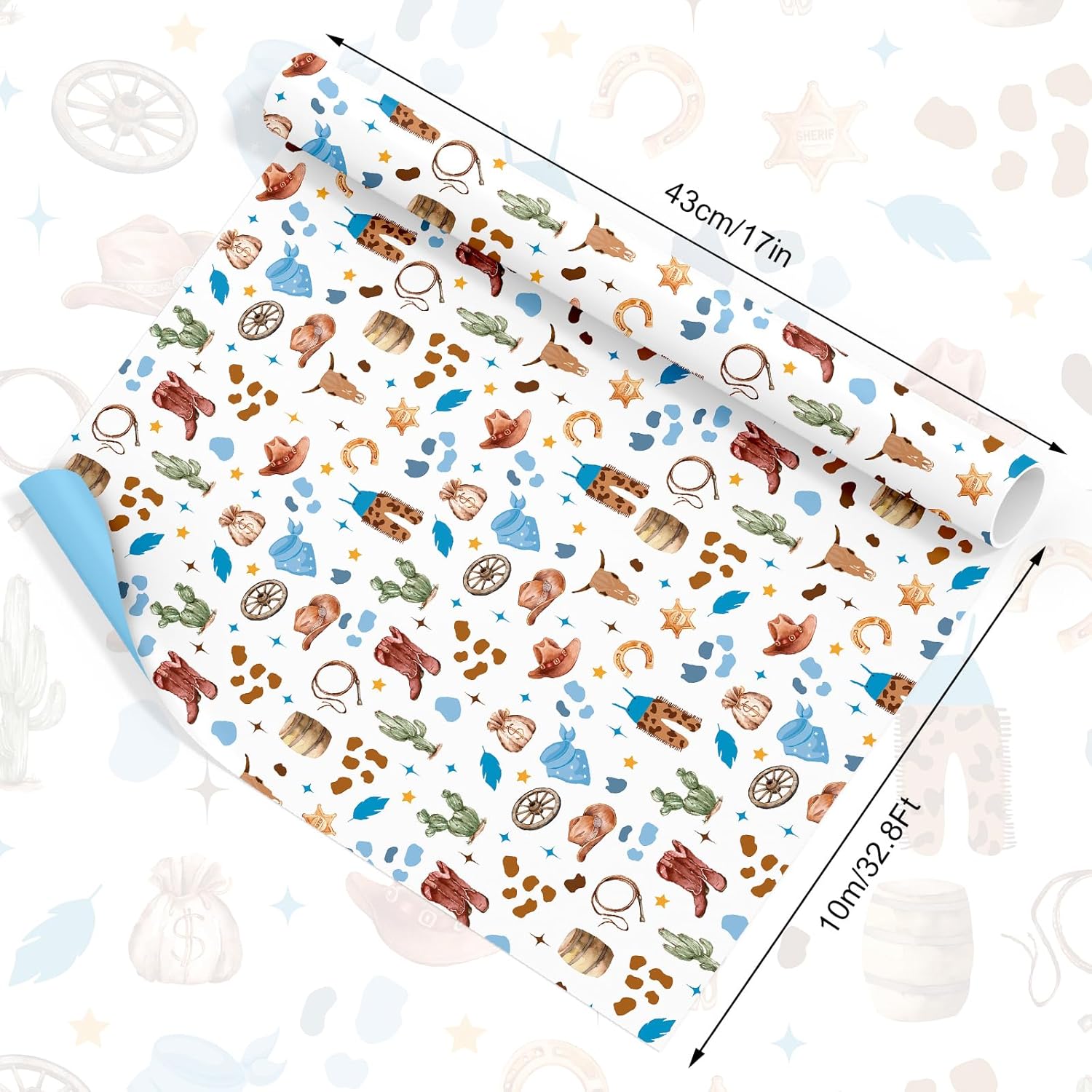 Little Cowboy Wrapping Paper -Mini Roll- 17 Inch X 32.8Ft Blue Brown Cowboy Hat Clothes Cactus Gift Wrap Art Paper For Western Birthday Baby Shower Supplies