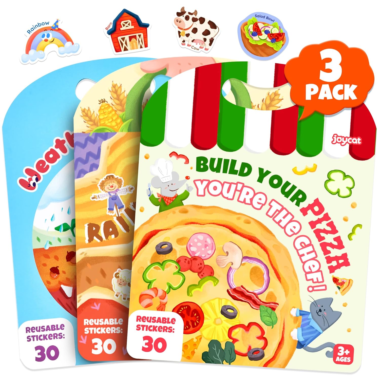 Reusable Sticker Book Set (3-Pack): Farm, Pizza-Making, Weather - 90 Pcs Stickers For Toddlers, Kids Sticker Activity Book, Road Trip Travel Toys, Birthday Gifts For Boys And Girls