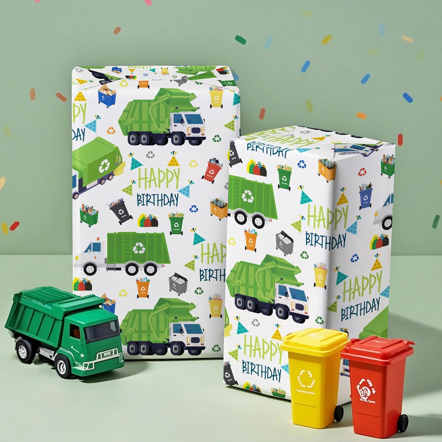 Garbage Truck Wrapping Paper - Mini Roll - 17 Inch X 16.5 Feet - Garbage Truck Happy Birthday Wrapping Paper For Kids Boys, Baby Shower, Car Lover