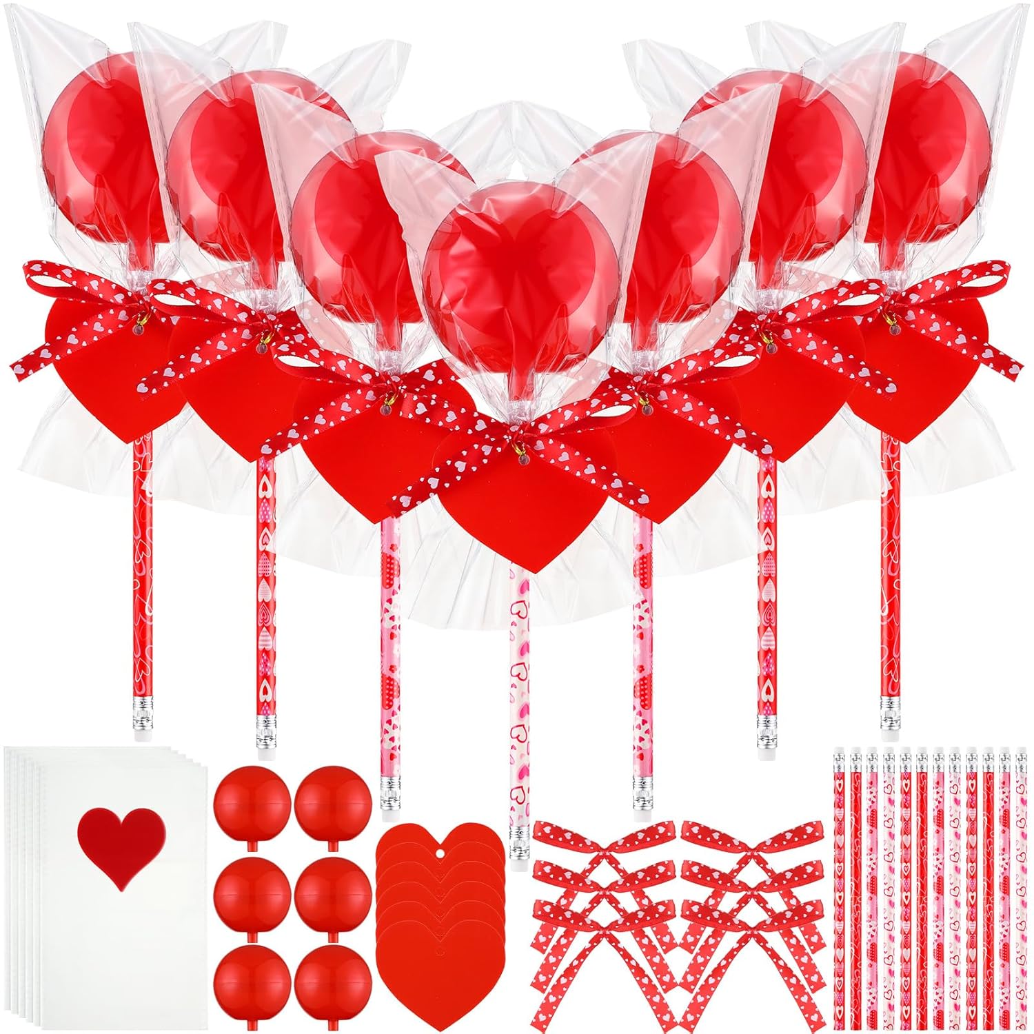 96 Pack Valentine Fillable Candy Container Giant Lollipop Shaped Container Valentine Party Favor Goodie Bag Wrappers Fillable Return Gift Bulk For Exchange Stationery Filler(Light Red)