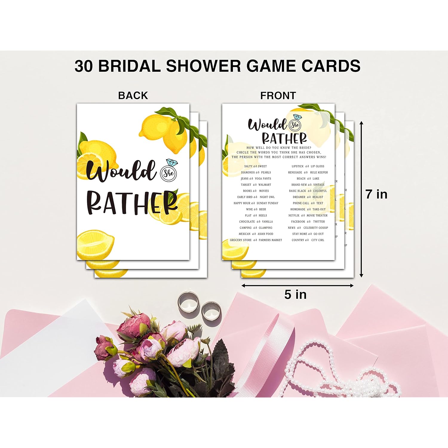 Bridal Shower Games - Lemon Theme Engagement Party Game Cards For Wedding, Bachelorette Party - Citrus Lemon Bridal Shower Decorations - Would She Rather - 30 Cards(A03)