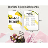 Bridal Shower Games - Lemon Theme Engagement Party Game Cards For Wedding, Bachelorette Party - Citrus Lemon Bridal Shower Decorations - Would She Rather - 30 Cards(A03)
