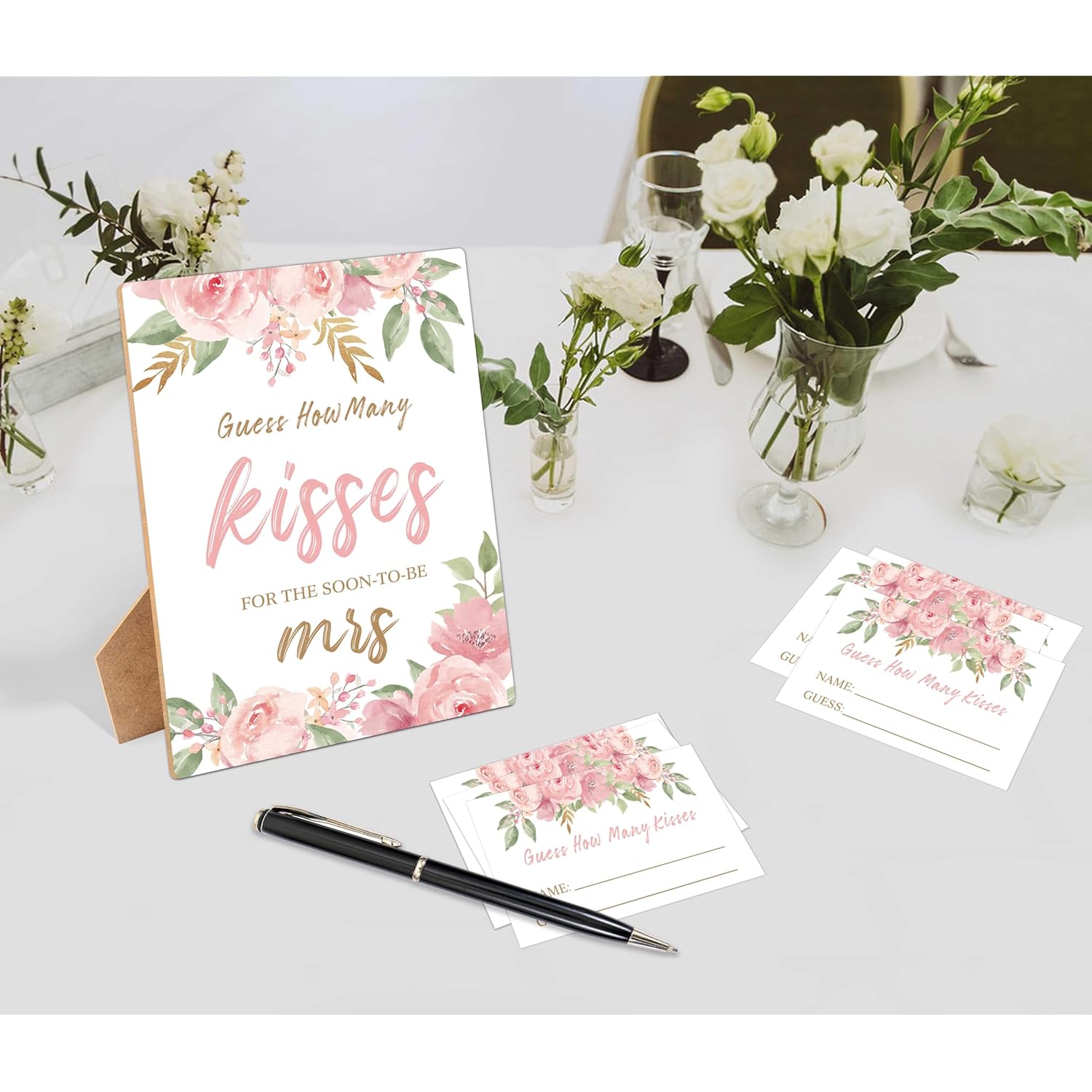 How Many Kisses Bridal Shower Games, How Many Kisses For The Soon To Be Mrs, 1 Wooden Sign With 50 Cards, Pink Flowers Guessing Game For Wedding, Bachelorette Party, Engagement Decoration