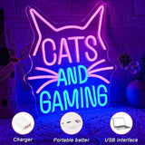 Gaming Cat Neon Sign Pink Blue LED Wall Light for Gamer Room Video Game Setup Teen Bedroom Decor