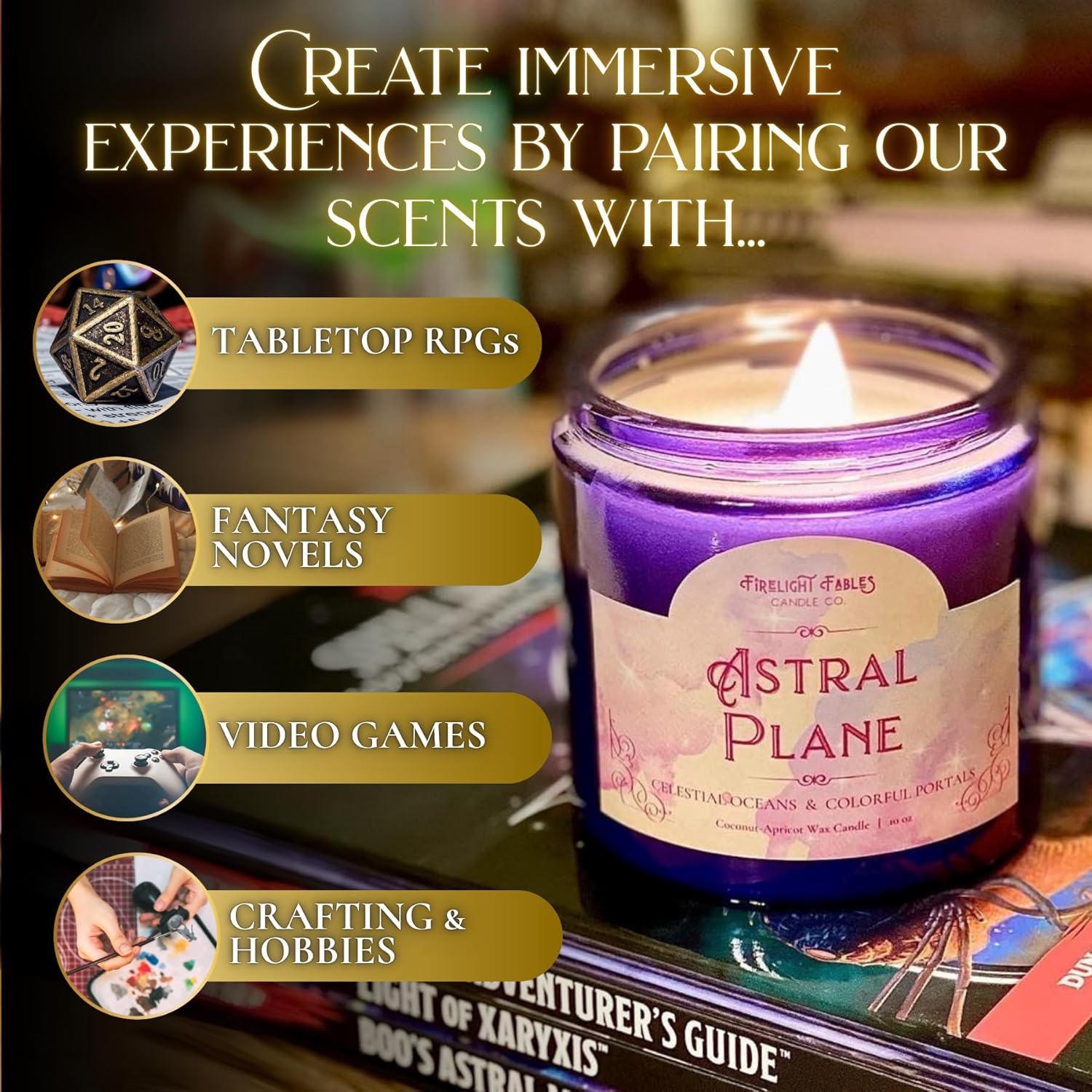 Fantasy & Tabletop Rpg Candles, Handcrafted, Coconut-Apricot Wax, Wood Wick, Firelight Fables (10 Oz Jar, Enchanted Woodland)