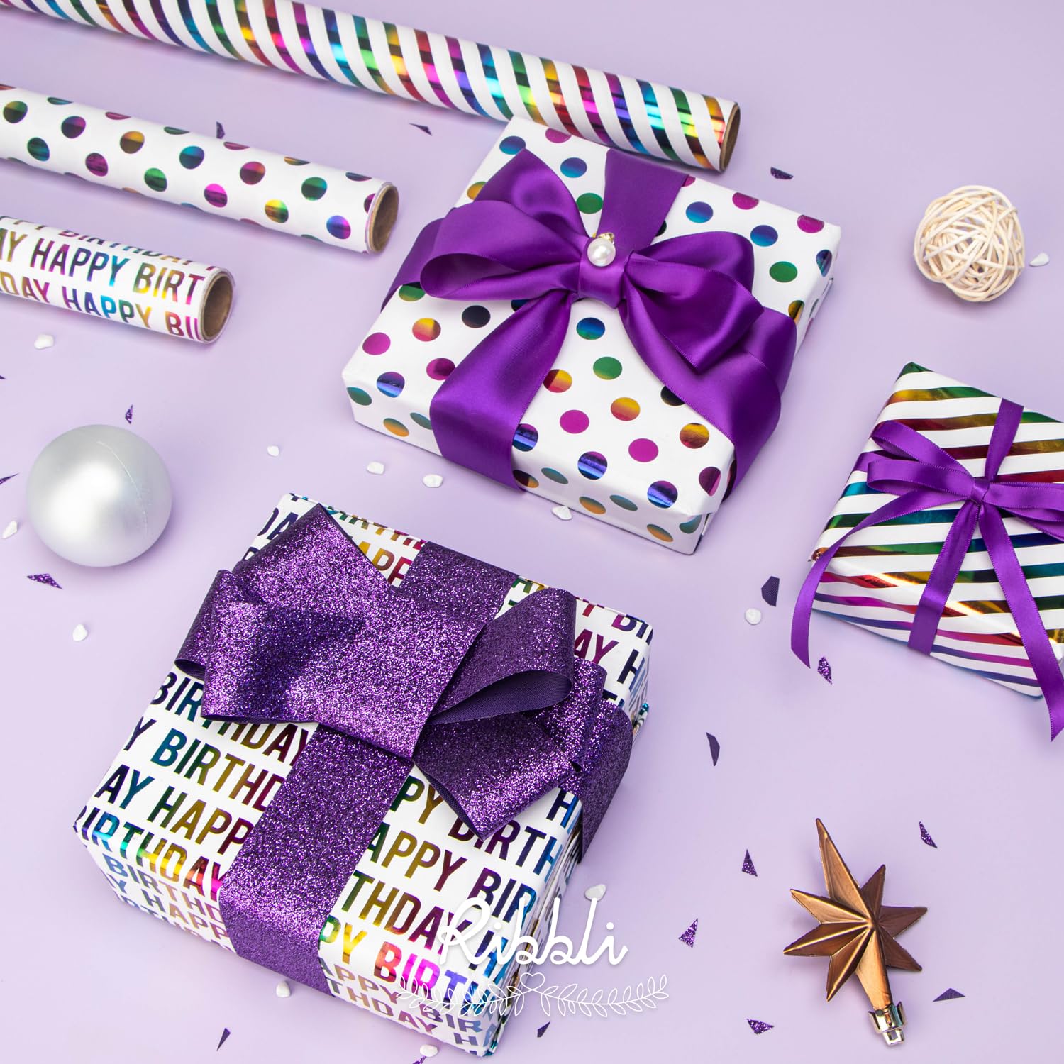 Birthday Wrapping Paper 30 Inch Iridescent Gift Wrapping Paper 4 Rolls Happy Birthday Polka Dots Stripes Stars Printed Assortment -120 Inch(10Feet) Per Roll