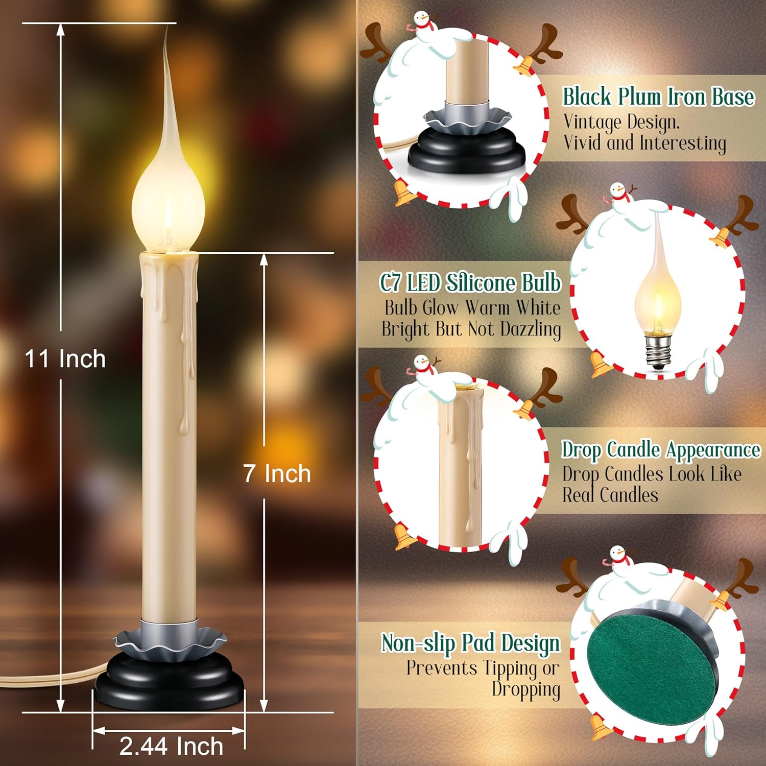 2 Pack Electric Window Candle Lights, 7 Inch Christmas Window Candles Plug In With Led Silicone Bulb, 120V C7 0.6W Warm White Country Rustic Candle Light With 5 Ft Cord And On/Off Switch