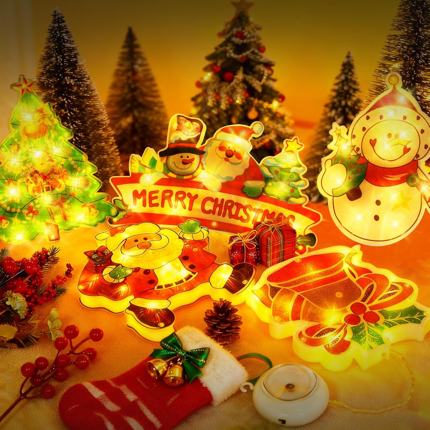 5Pcs Window Christmas Decoration Lights, Battery Operated With Suction Cup Hook Hanging