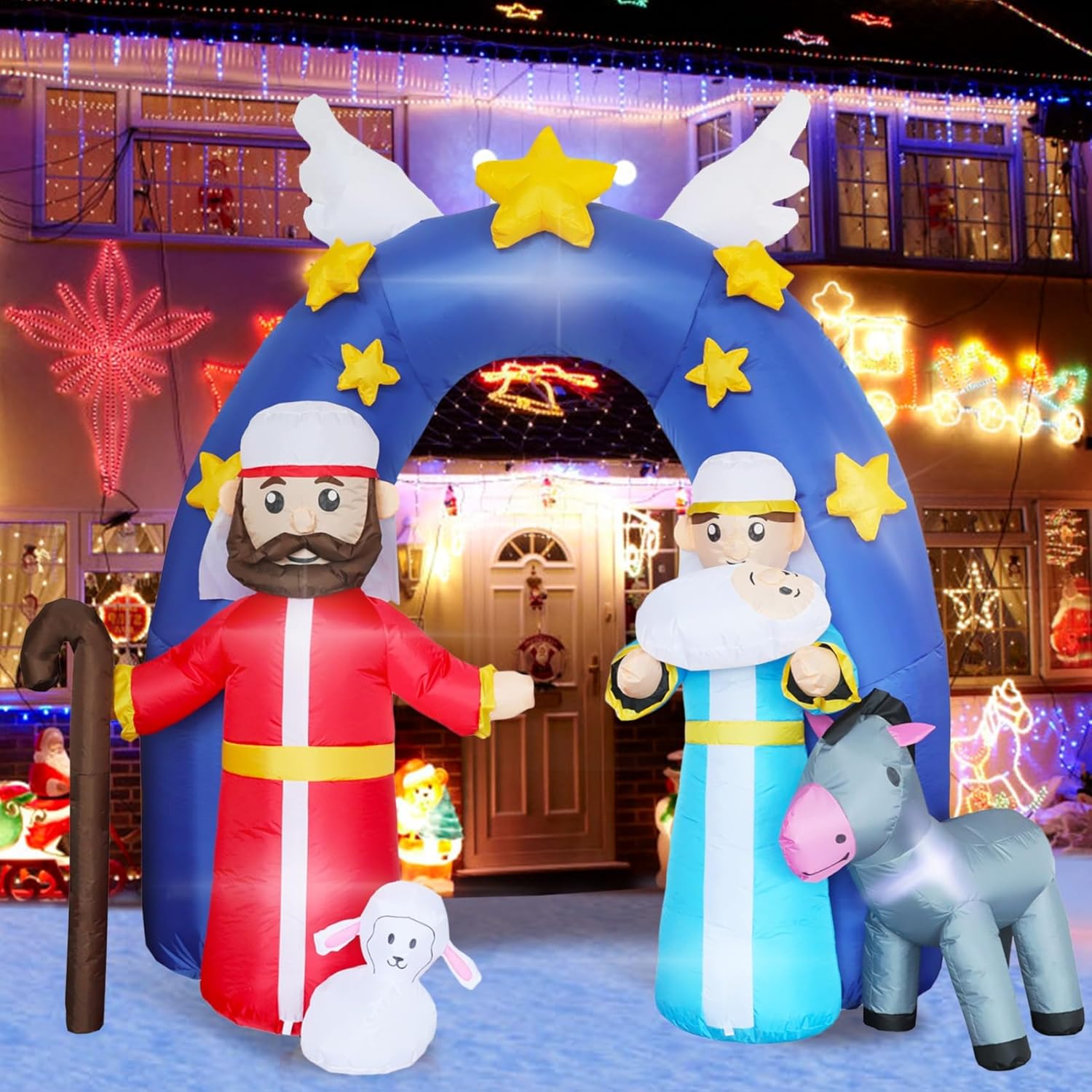 9Ft H Christmas Inflatable Nativity Scene Archway With Build-In Led Lights, Huge Blow Up Christmas Inflatable Outdoor De