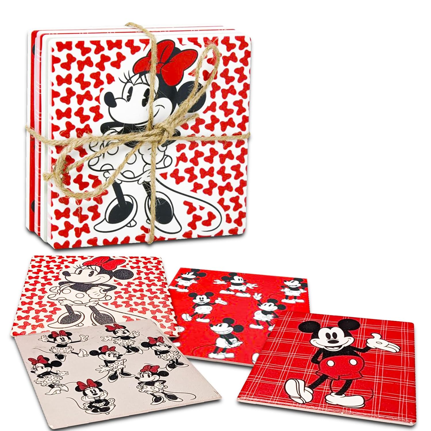 Mickey and Minnie Coaster Set - Disney Home Decor Bundle with 4 Mickey and Minnie Coasters Plus Mickey Stickers | Disney Coasters for Coffee Table