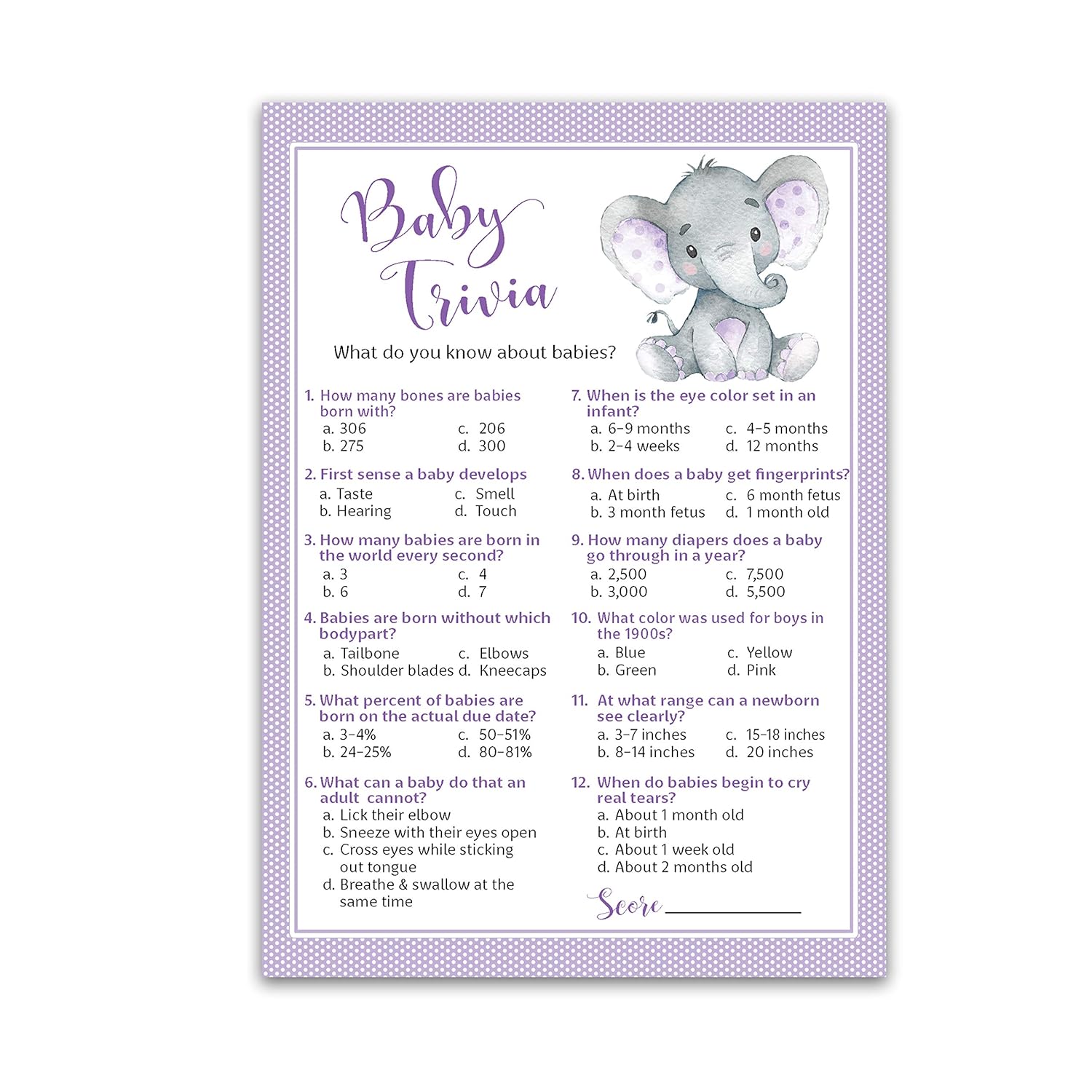 Gender Neutral Baby Shower Games — Baby Trivia Game — Pack Of 25 — Purple Elephant Little Peanut Theme, Fun Facts Baby Shower Activity, Gender Reveal Party Couples Shower, Sprinkle, Sip & See G503-Trv