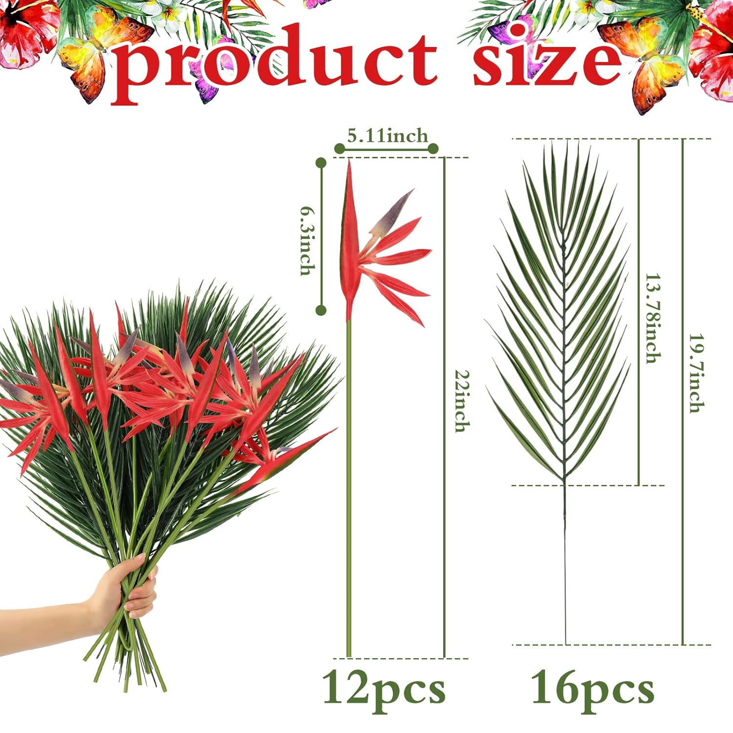 28 Pcs Bird Of Paradise Stems Artificial Plant 22 Inch Faux Tropical Flowers And 19.7 Inch Fake Palm Leaves For Garden Verandah Wedding Floral Arrangement Hawaiian Luau Decorations