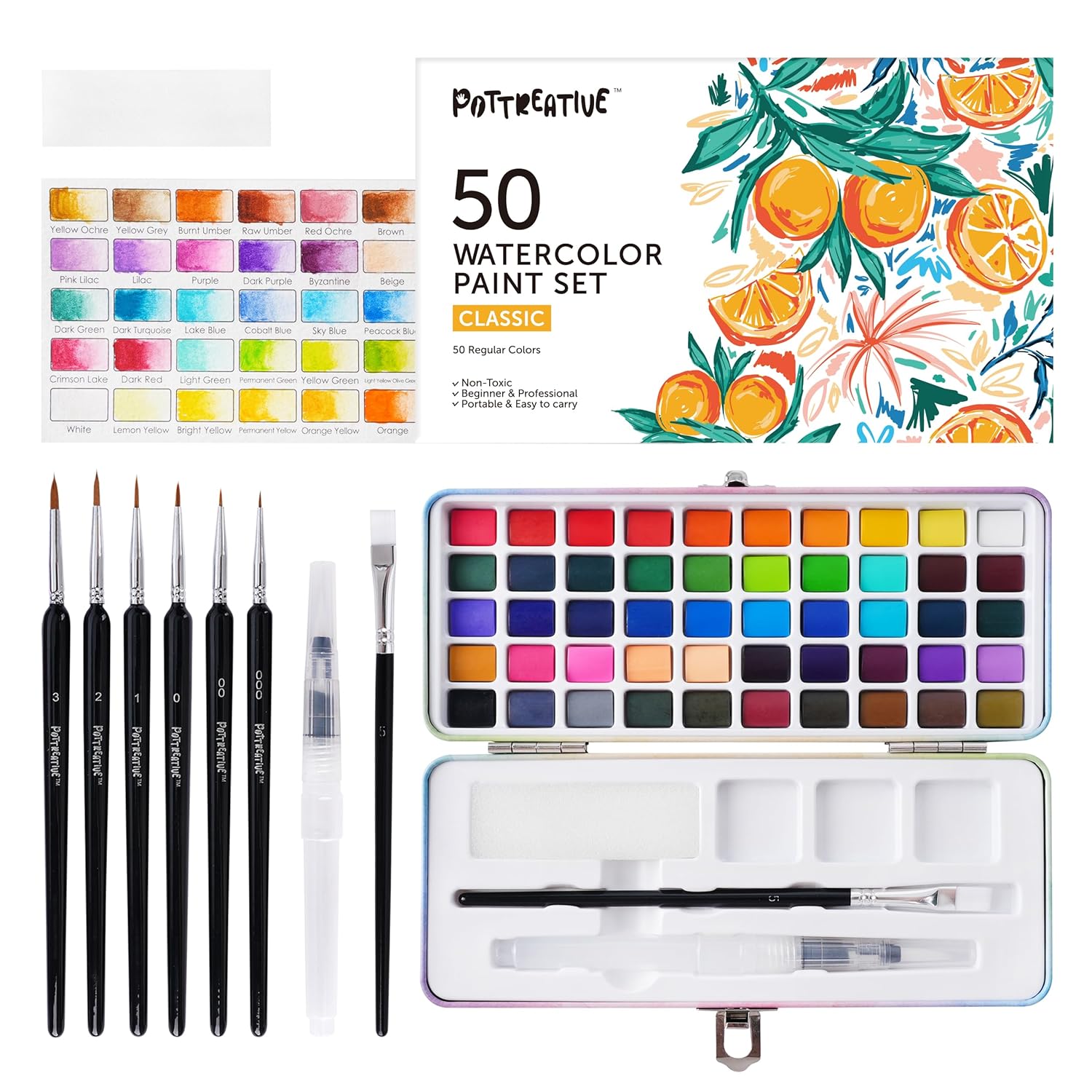 50 Colors Watercolor Paint Set - Vibrant Pigments In Portable Metal Case With 6 Brushes, Non-Toxic Travel-Friendly Painting Kit For Professional Artists/Students/Beginners