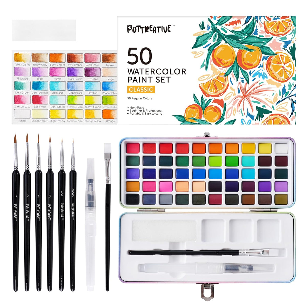 50 Colors Watercolor Paint Set - Vibrant Pigments In Portable Metal Case With 6 Brushes, Non-Toxic Travel-Friendly Painting Kit For Professional Artists/Students/Beginners