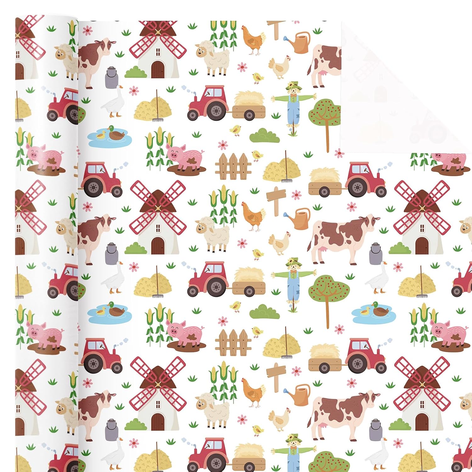 Farmhouse Wrapping Paper Roll - Mini Roll - 17 Inch X 16.5 Feet - Farm Animal Wrapping Paper For Birthday, Baby Shower, Country Present Wrapping