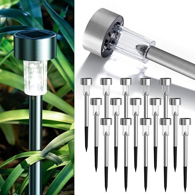 16 Pack Stainless Steel Solar Garden Lights Waterproof Cold White Landscape Pathway Lights