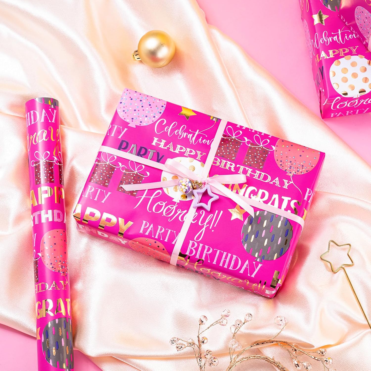 Birthday Wrapping Paper - Mini Roll - 17 Inch X 16.5 Feet - Gold Foil Hot Pink Happy Birthday Wrapping Paper For Kids, Girls, Women, Baby Shower