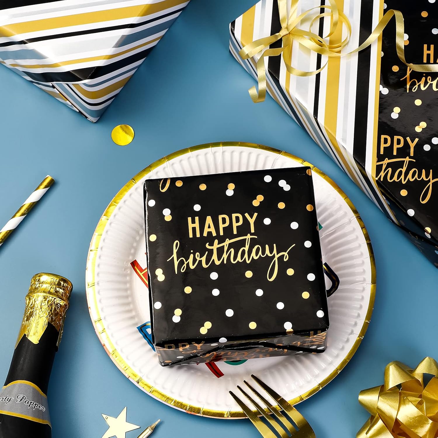 Reversible Black Birthday Wrapping Paper Roll For Boys Men, Happy Birthday Lettering & Stripe Pattern With Metallic Gold Foil In Black, Mini Roll, 17 Inches X 32.8 Feet (46.45 Sq.Ft.)